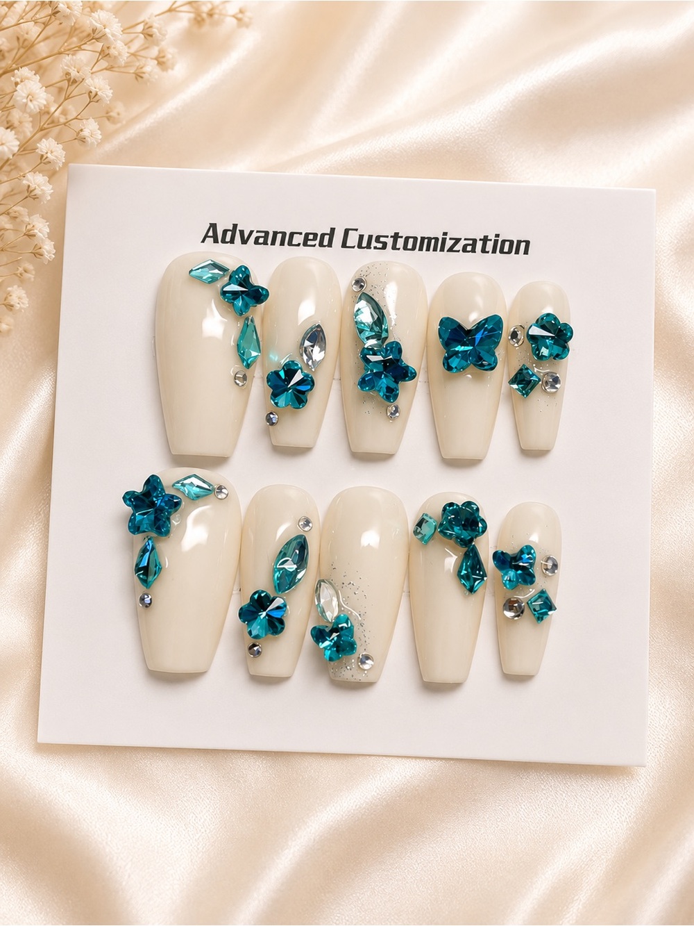 Advanced Customization Teal Crystal Accent Press-On Nails - size medium